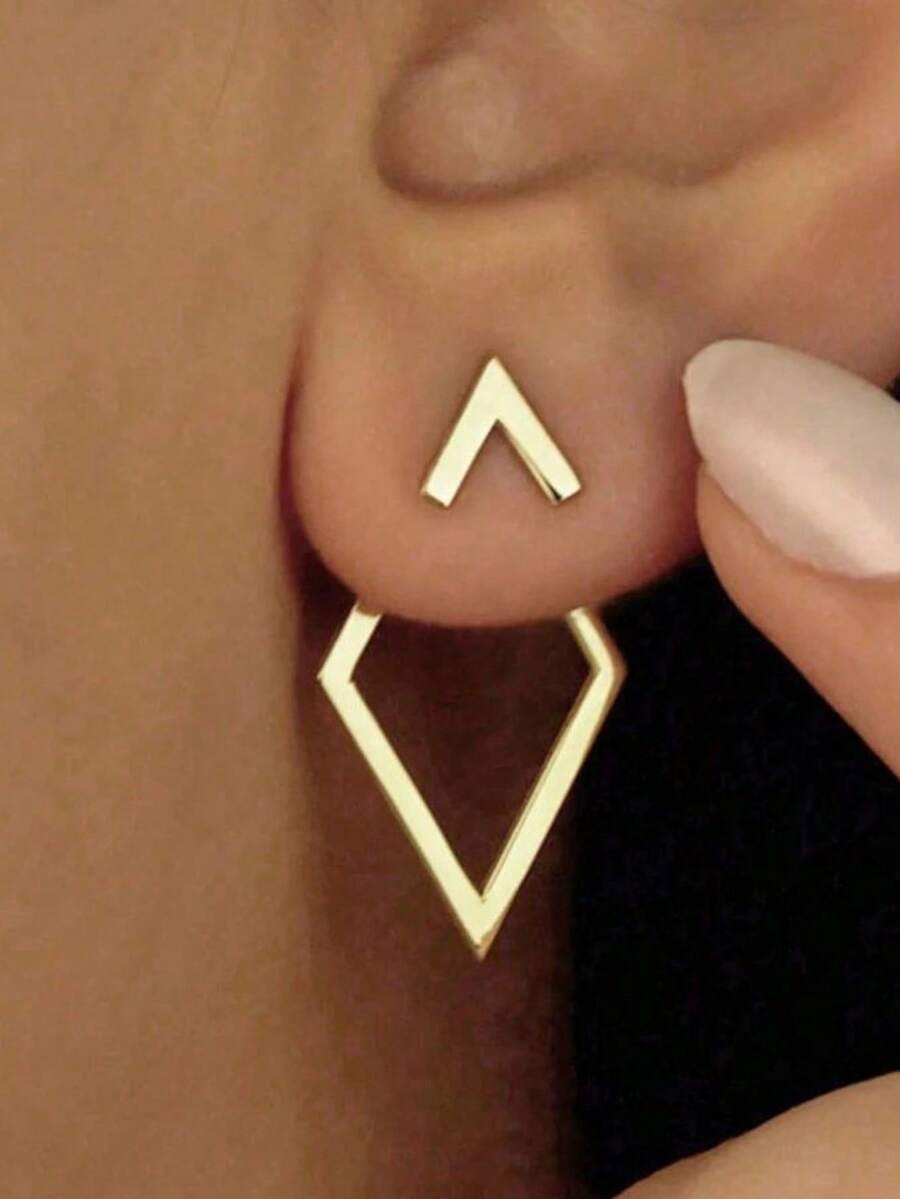 1对创意极简几何镂空菱形耳环，时尚百搭小众设计优雅耳环 - 金色 - 查看 1