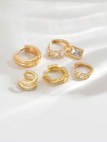 5pcs/Set Minimalist Zirconia Stud Earrings Set, Elegant Suitable For Women's Date, Party, Daily Commute Wear - Yellow Gold - View 3