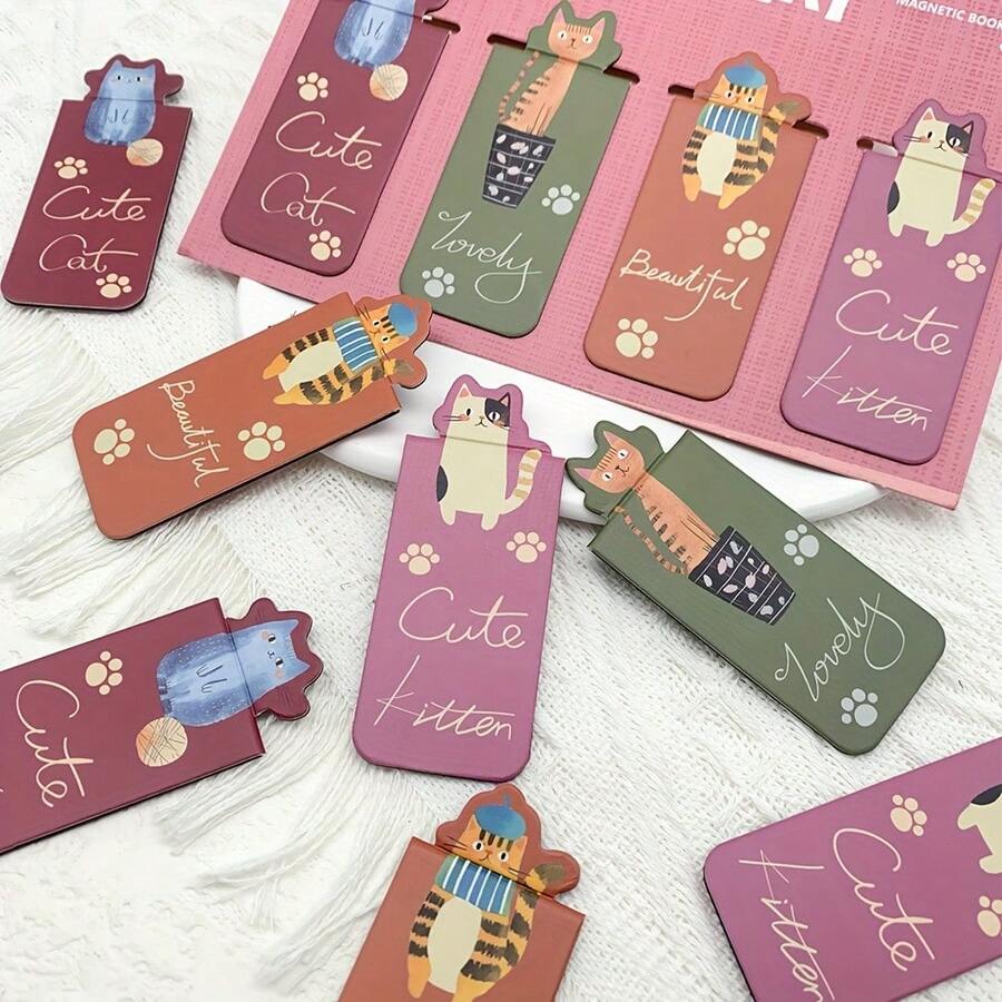 4 chiếc bookmark nam châm hình mèo hoạt hình dễ thương, dùng để đánh dấu trang sách, đồ dùng văn phòng phẩm, tự làm bookmark sáng tạo và thẩm mỹ. - Dấu trang PET - Xem 1