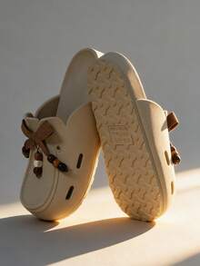 1 Pair Women's Fashion Versatile EVA Thick-Sole Bow Tie Hollow Slip-On Sandals, Non-Slip Design Flat Casual Slippers, Suitable For Spring/Summer - Khaki - View 10