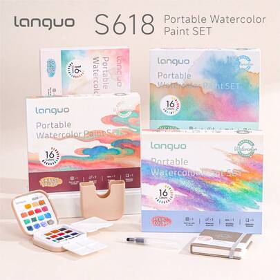 Bộ màu nước di động Bluefruit S618 16 màu, 4 bảng màu, thiết kế nhỏ gọn bao gồm màu, bảng pha loãng, miếng bọt biển thấm nước, sổ vẽ màu nước, dụng cụ làm sạch cọ và cọ vẽ, tay cầm tiện lợi để sáng tạo mọi lúc mọi nơi, màu có độ đậm cao cho khả năng pha trộn tự nhiên, lý tưởng cho việc phác thảo ngoài trời, ghi nhật ký và vẽ tranh khi đi du lịch.