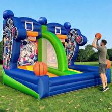 Tiro inflable de baloncesto de 13 x 10 x 10 pies juego de baloncesto inflable con 2 aros y 4 bolas soplador de aire para fiestas al aire última intervensión eventos juegos de césped - Azul y verde - Ver 8