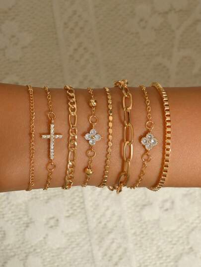 Bộ 8 vòng tay dây xích nhiều lớp thời trang, sang trọng tối giản mạ vàng với mặt dây chuyền hình cỏ ba lá, thánh giá, hoa tứ giác, phù hợp cho nữ giới đeo hàng ngày, dự tiệc, công sở, đi làm, làm quà tặng cho bạn gái/bạn bè.