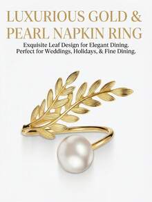 Luxurious Golden Leaf And Pearl Napkin Rings - Set Of 6, Exquisite Laurel Wreath Design Napkin Holders For Weddings, Holidays, & Fine Dining Table Settings - White Pearl - View 5