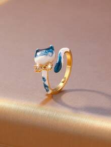 1pc Women's Adjustable Gold-Plated Open Cat Ring - Cute Enamel Animal Jewelry With Diamond Bow Stacking Rings - Multicolor - View 10