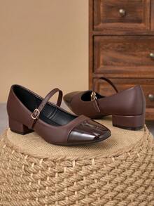 MonaNise Square Toe Low Chunky Heel Work Pumps - Brown - View 3