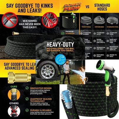 50英尺可伸缩花园软管，配备10功能高压喷嘴、3/4英寸实心黄铜接头、防漏设计、耐用橡胶材质，是户外清洁、林业和园艺的理想之选，也可用于户外清洁的水枪。