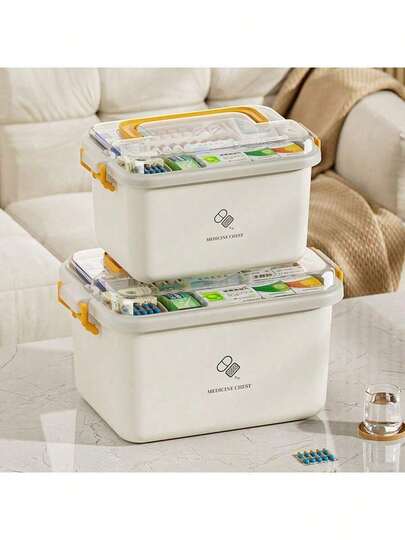 Large Capacity Home First Aid Box, Waterproof Sealed Structure With Multi-Layer Compartments And Removable Lining, Suitable For Organizing Family Medicine, Bandages, Thermometers And Other Medical Supplies, Dust-Proof, Moisture-Proof, Anti-Drop, Lightweight And Lockable Multi-Purpose Medicine Cabinet