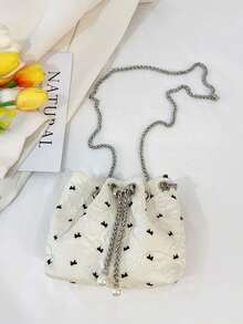 1pc White Bow Embossed Mini Bucket Bag, Pearl Chain Drawstring Crossbody Bag, Elegant & Cute Ladies Daily, Date, Party Shoulder Bag - Black - View 11
