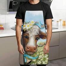 1 pièce Tablier guérisseur à imprimé marguerite et vache, portant une couronne florale. Imprimé de vache mignonne + champ de marguerites. Tablier de cuisine durable convenant aux boulangers, décorateurs de gâteaux, amateurs de barbecue, jardiniers, peintres, manucures - cadeau parfait pour les chefs à la maison et professionnels - Multicolore - Voir 5