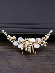 1pc Women's Wedding Pearl Handmade Crystal Hair Comb Bridal Headpiece - Gold - View 2