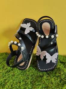 1 Pair Girls' Shiny Butterfly Decor Fashion Sandals, Comfortable Breathable Flat Sandals Suitable For Outdoor, Travel, Spring/Summer - Black - View 8