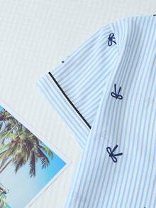 Striped Bow Print Pajama Set Sweet Cute Lapel Button-Up Top And Bow Shorts Women's Sleepwear And Loungewear - Blue - View 6