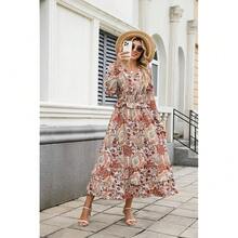 Women's Floral Midi Dress Long Sleeve V Neck Smocked Ruffle Boho Fall Dress - 紅色 - 查看 7