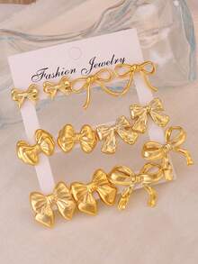 12 pezzi Set di orecchini a fiocco in oro massiccio spesso, orecchini a fiocco intagliati a vuoto, accessori di gioielleria di lusso per donne, adatti per vari outfit - Dorato - Visualizzare 4