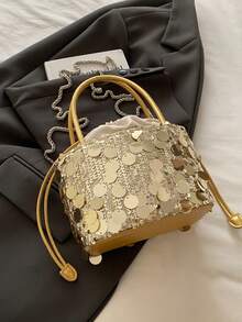 时尚休闲亮片水桶包，复古优雅单肩斜挎包 - 金色 - 查看 10