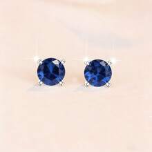 1 Pair Silver Earrings Inlaid With Blue Sapphire, Classic Versatile Earrings Suitable For Weddings And Parties - White + Sapphire - View 1