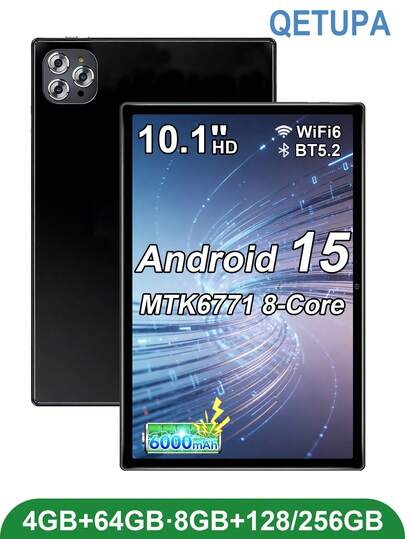  Qetupa Y20 10.1英寸安卓15平板电脑，搭载MTK6771八核2.0GHz处理器，4GB RAM + 64GB ROM或8GB RAM + 128GB/256GB ROM（支持最高1TB SD卡扩展）。配备1280x800分辨率IPS触控屏、500万像素前置摄像头和1300万像素后置摄像头、6000mAh电池、蓝牙5.2、802.11ax Wi-Fi 6、GPS以及Type-C充电接口。不支持SIM卡。