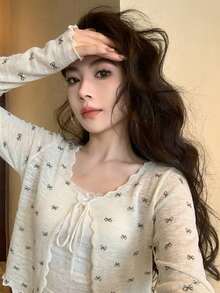 女士长袖系带蝴蝶结针织开衫毛衣（不含内衬上衣） - 白色 - 查看 6