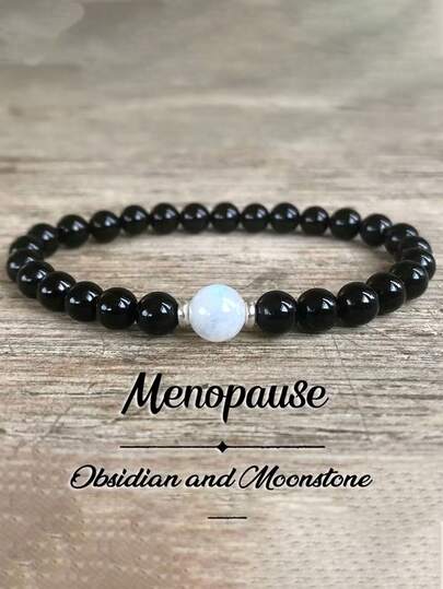 更年期黑曜石月光石串珠手链，波西米亚风弹力绳亲肤饰品，有助于维持情绪平衡，适合日常佩戴
