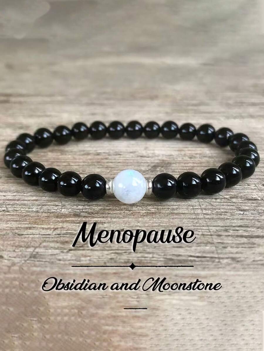 更年期黑曜石月光石串珠手链，波西米亚风弹力绳亲肤饰品，有助于维持情绪平衡，适合日常佩戴 - 彩色 - 查看 1