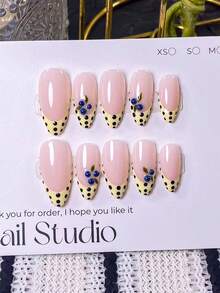 10 Pieces Handcrafted Almond-Shaped False Nails, Yellow French Tips With Polka Dots & 3D Blueberry Design. Meticulously Handmade With Cute 3D Small Blueberries, Hand-Painted Yellow French Edges And Black Polka Dots. These Elegant, Romantic And Minimalist Press-On Nails Feature A High-End, Sexy And Luxurious Style. Ideal For Daily Wear, Dates, Concerts And Casual Business Occasions, They Are A Perfect Gift For Women And Girls. - Multicolor - View 11