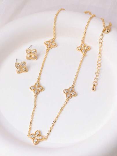 1 Set Minimalist Elegant Delicate Hollow Four-Leaf Clover Earrings & Necklace 2 Pieces Set