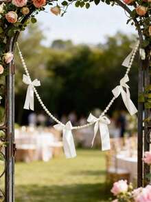 1pc White Bow Pearl Style Elegant Wreath Decor, Romantic Soft-Toned Hanging Banner Decor, Valentine's Day Theme Love Party Decor, Wedding Season Wall Hanging Aesthetic, Classic Bow Design With Pearl Satin Ribbon Accent, Easy Hanging Design Creates Warm Atmosphere - Trắng - Xem 2