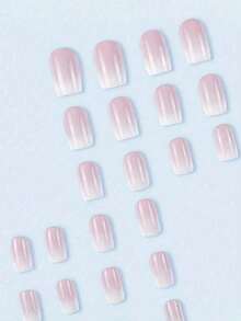 Juego de 24 uñas postizas cuadradas cortas con degradado rosa francés simple para compras diarias, citas, té de la tarde - Multicolor - Ver 3