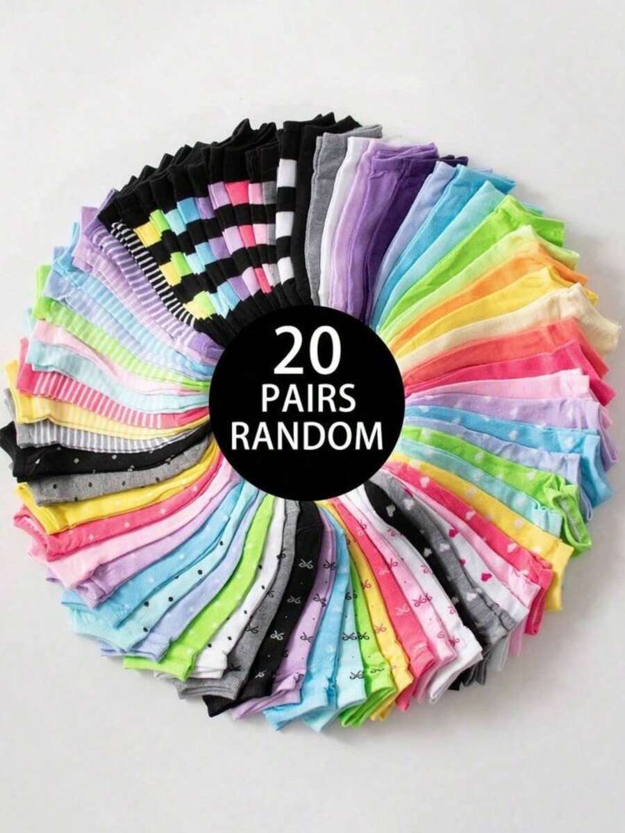 20/5 Pairs Women Candy Color Heart Bow Striped Comfortable Casual Short Socks, Suitable For Valentine's Day Gift Or Matching, Random Colors (Multiple Combinations Available) - Multicolor - View 1