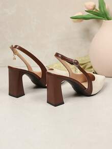 1 Pair Apricot Women's High Heel Sandals, Soft Suede PU Fabric, Pointed Toe Low Vamp Chunky Heel Elevated Back Heel With Metal Buckle Design, Fashionable Elegant Princess Style Wedge Sandals, Suitable For Daily Casual, Vacation, Holiday, Party, Shopping, Office - Apricot - View 4