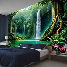 [2D Flat Printing]2D Flat, 1pc RIMBOL Jungle Tapestry Background  3D Dam Waterfall And Tree Canopy Polyester Wall Art, Vibrant Natural Scene Suitable Zen Living Rooms, Tropical Themed Parties And Interior Decoration (Various Sizes), Party Backdrop |   Waterfall Scene |   Polyester Tapestry, Junglethemed Decorations - Nhiều màu - Xem 4