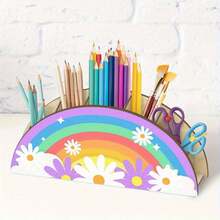 1pc Colorful Rainbow Flower Wooden Desktop Storage Box, Compact Multi-Function Pen Holder Suitable For Pens, Pencils, Phones And Makeup Brushes, Vivid Soft Color Design, Perfect For Office And Home Organization, Office Desk Accessory - Multicolor - View 2