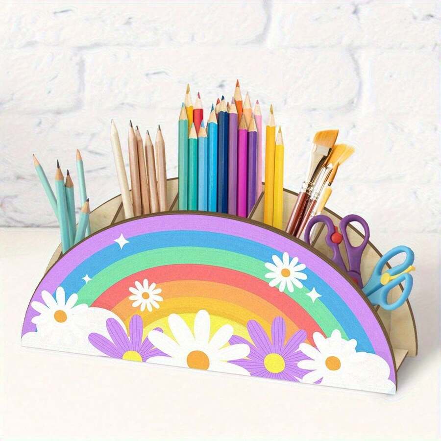 1pc Colorful Rainbow Flower Wooden Desktop Storage Box, Compact Multi-Function Pen Holder Suitable For Pens, Pencils, Phones And Makeup Brushes, Vivid Soft Color Design, Perfect For Office And Home Organization, Office Desk Accessory