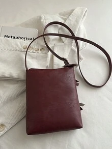 新款休闲斜挎包 纯色PU皮翻盖单肩包 女士设计师手提包和钱包 - 酒紅色 - 查看 11