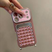 可爱格子爱心卡包仿皮手机壳，适用于 17 Pro Max/17 Pro/17/16/15/14 Pro Max，带毛绒腕带，哑光保护套 - 粉色 - 查看 3