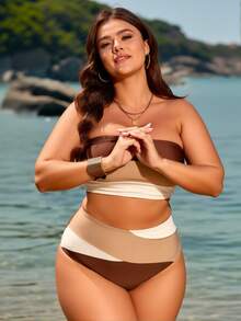 Vintage Neutral Tone 2 Piece Swimwear, Striped Bandeau & High Waist Bottom - Nhiều màu - Xem 3
