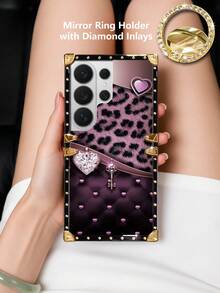 1pc Multi-Color Leopard Print With Heart-Shaped Key Pattern Rectangle Stylish Shockproof Phone Case, With Rhinestone Mirror Ring Holder Stand, Compatible With Samsung Galaxy S26 Ultra/S26/S26 Plus/S25FE/S25Ultra/S25+/S25/S24 Plus/S24/S24U/S23 Ultra/S22ULTRA/A56 5G/A36/A17/A16 And 17proamx/17/16 Promax/16/15PRO Max/15/14 Plus/15plus/14 Pro Max/13promax Models. [International Version, Not Domestic] - Multi-color + Ring Holder - View 5
