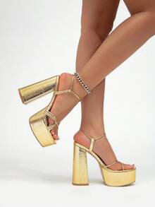 女士新款夏季百搭约会之夜性感夜店风金色绑带组合厚底超高跟凉鞋 - 金色 - 查看 4