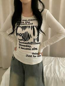 Áo thun dài tay in chữ dành cho nữ, kiểu dáng đa năng, phù hợp cho công sở. - Màu be - Xem 4