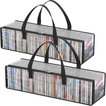 Lifewit CD Storage Bags, Clear PVC Plastic CD Case Holder With Handles, Front Window Zipper Design, Stackable Media Organizer Box For Albums, Hold Up To 100 Pcs CDs (50 Each), 2 Pack