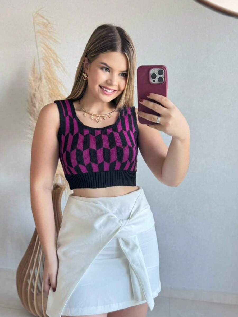 Women's Cropped Knit Top With Diamond Check Print, Casual Summer Style, Comfortable, Fuchsia - 玫瑰紅 - 查看 1