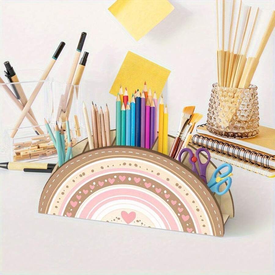 1 hộp đựng bút bằng gỗ hình cầu vồng, hộp đựng đồ dùng văn phòng phẩm và giá đỡ điện thoại, thích hợp để đựng bút và cọ vẽ. - Nhiều màu - Xem 1