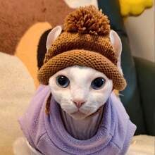 1pc Handmade Knitted Breathable Pet Hat With Exposed Ears, Cat Headband, Small Dog Head Cover, Suitable For Photoshoots. - White - View 12