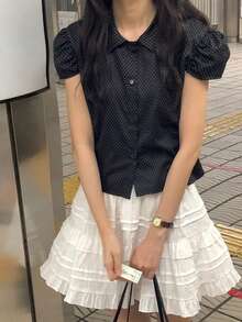韩式夏季甜美波点衬衫，单排扣，泡泡袖，青春洋溢 - 黑色 - 查看 1