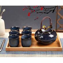Dujust Juego de té japonés, juego de té de porcelana cian-azul con 1 juego de tetera, 6 tazas de té, 1 bandeja de té, 1 infusor de acero inoxidable, juego de té asiático para amantes del - azul oscuro - Ver 2