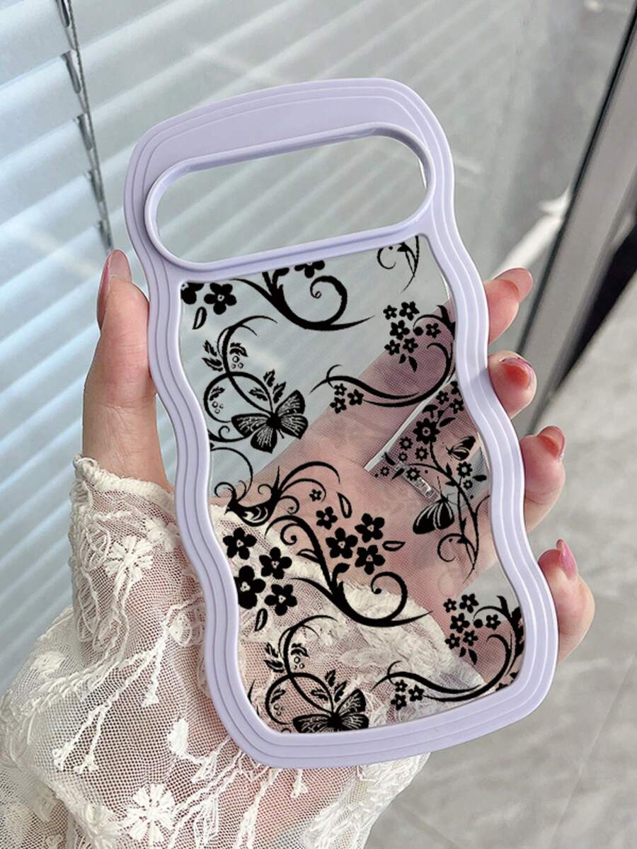 Retro Courtly Style Wave Frame Transparent Phone Case With Butterfly And Flower Design. An Elegant And Literary Protective Cover For Women. Compatible With GooglePixel 10 Pro, Pixel 10, Pixel 10A, Pixel 9A, Pixel 9, Pixel 9 Pro, Pixel 8, Pixel 8A, And Pixel 7A. Waterproof, Shockproof, Impactproof, And Wear-Resistant Design. - Lavender Purple - View 1