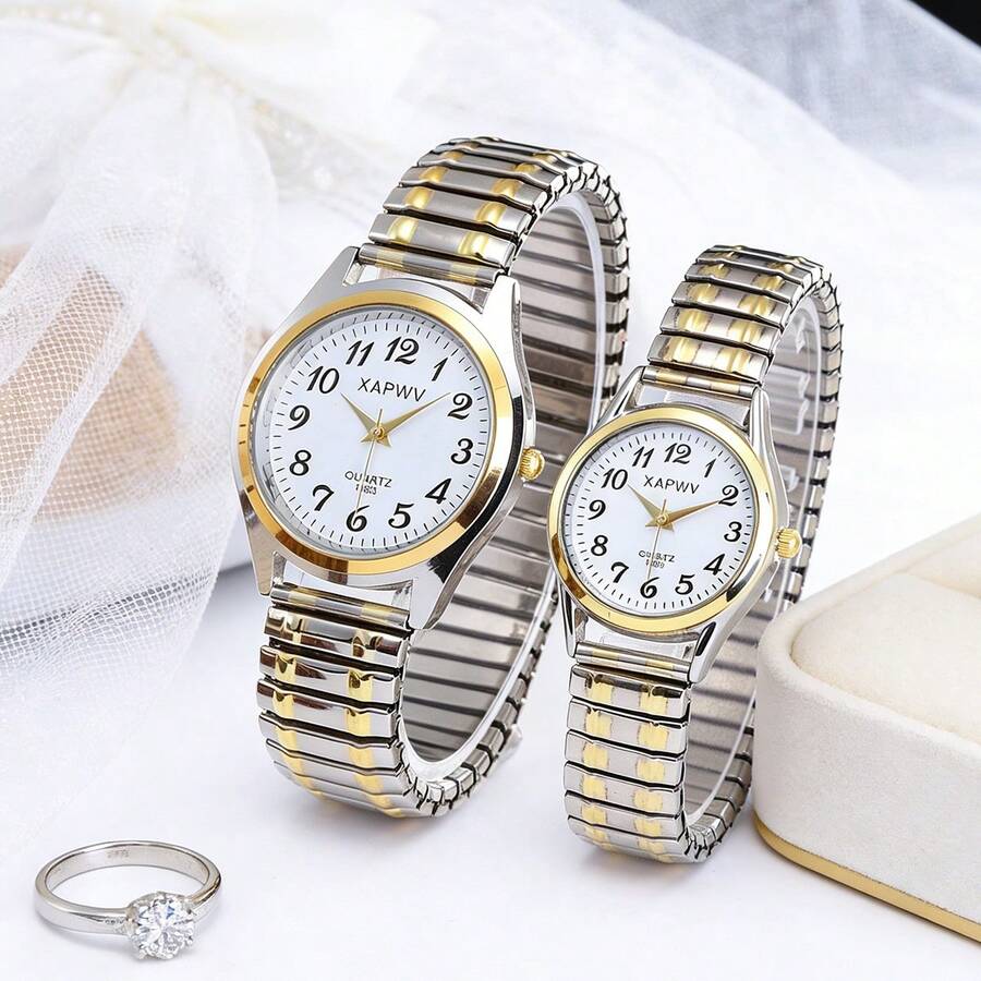 XAPWV Đồng hồ đôi thạch anh tối giản, mặt tròn với chữ số Ả Rập, dây đeo co giãn, món quà lý tưởng cho ngày Valentine và kỷ niệm. - Nhiều màu - Xem 1