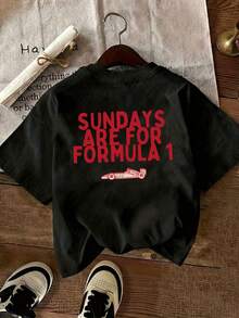 Spring/Summer Women 's White Pattern T-Shirt, SUNDAYS ARE FOR FORMULA F1 Racing Car Pattern Letter Slogan Pattern Printed Women' S T-Shirt, Theme Park Travel Clothing, Very Suitable For Beach Vacation, Summer Grand And Casual Seaside Style, Round Neck Fashionable Short-Sleeved Top - 黑色 - 查看 1