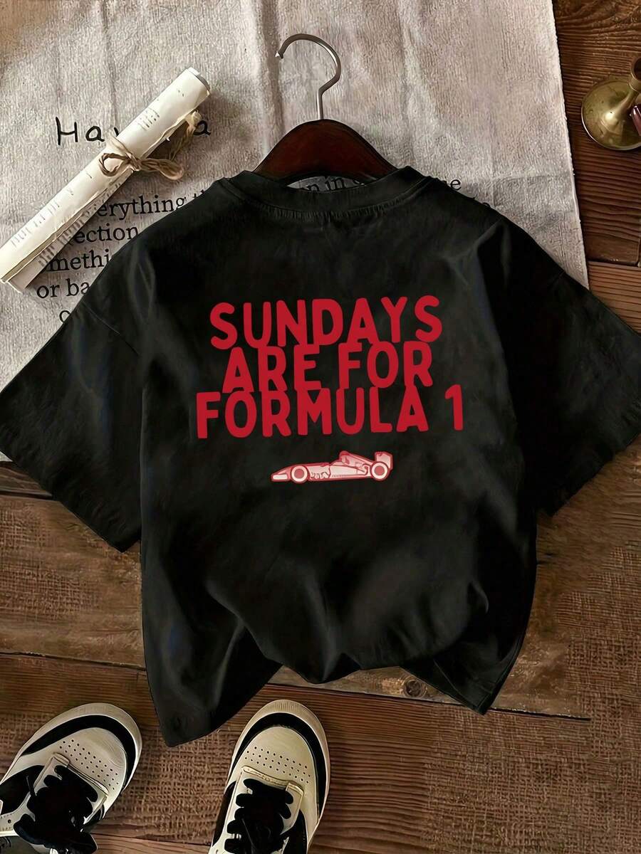 Spring/Summer Women 's White Pattern T-Shirt, SUNDAYS ARE FOR FORMULA F1 Racing Car Pattern Letter Slogan Pattern Printed Women' S T-Shirt, Theme Park Travel Clothing, Very Suitable For Beach Vacation, Summer Grand And Casual Seaside Style, Round Neck Fashionable Short-Sleeved Top - 黑色 - 查看 1